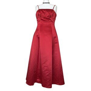 Vintage Y2K Red Satin Empire Waist Prom Dress. Medium 14. Beaded A Line Formal
